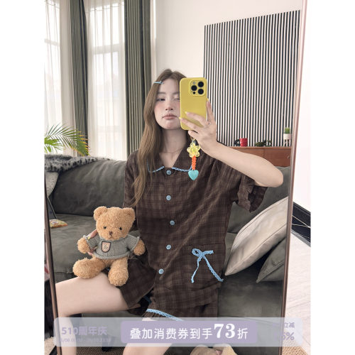 JoyceBra复古撞色蕾丝边格纹睡衣