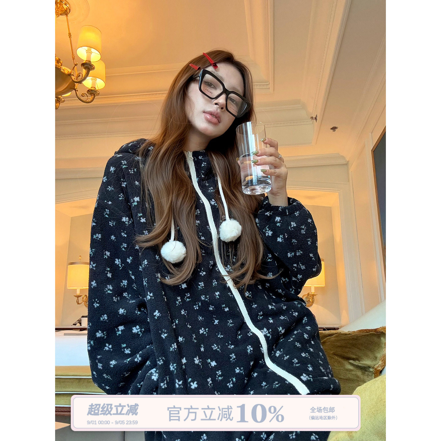 JoyceBra  冬季新款碎花连帽睡衣女加厚保暖珊瑚绒长袖家居服套装