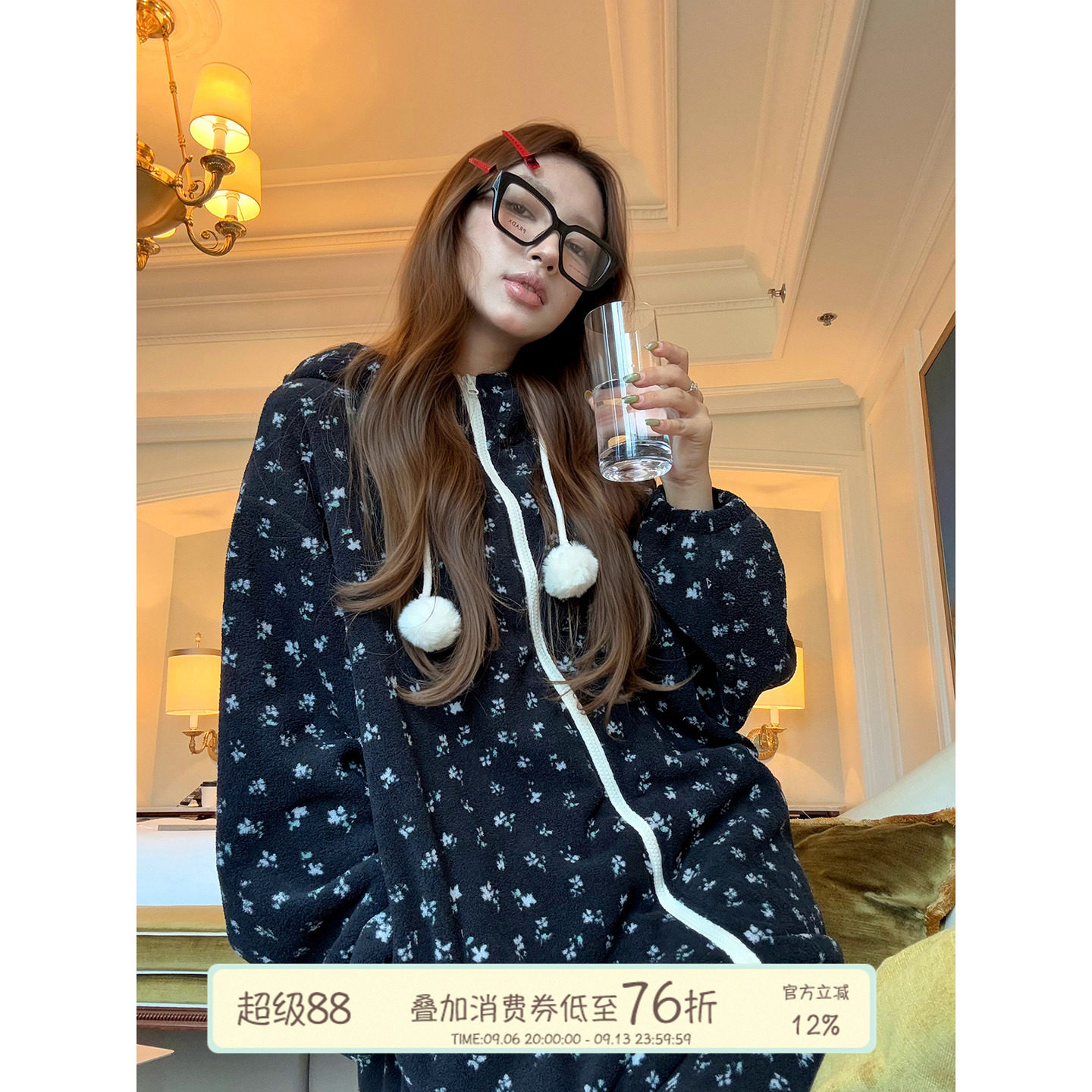 JoyceBra  冬季新款碎花连帽睡衣女加厚保暖珊瑚绒长袖家居服套装