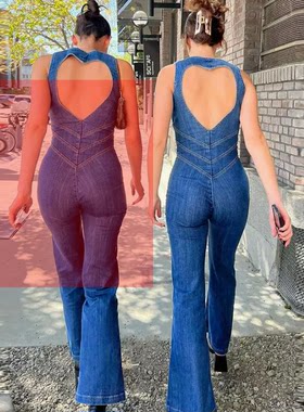 欧美女装2026夏季新款修身显瘦时尚无袖露背高腰微喇牛仔连体裤