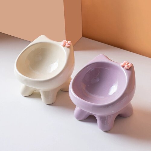 Cute Ceramic Elevated Slow Feeder Cat Bowl Non-Slip Pet Bowl
