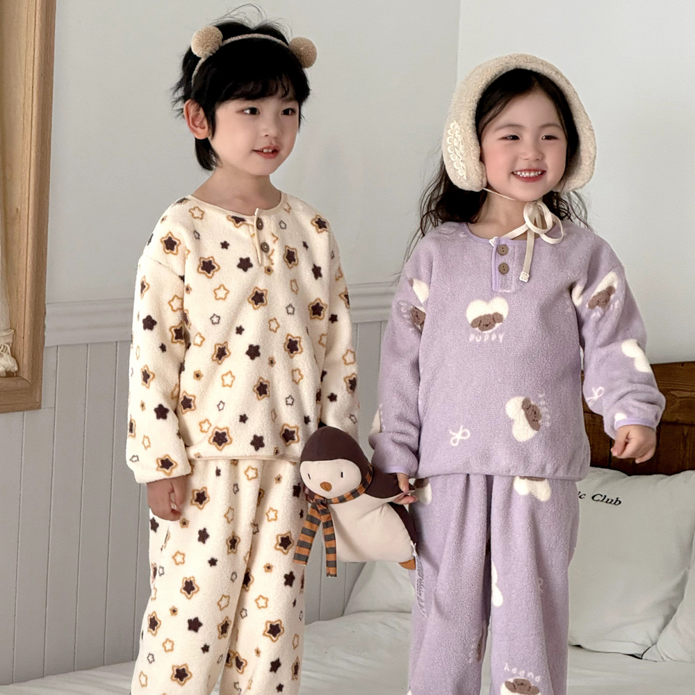 奥粒绒儿童家居服加绒加厚珊瑚绒抓绒女童保暖男童法兰绒睡衣秋冬