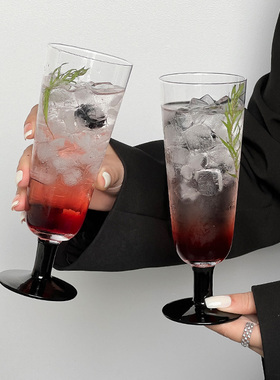 中古ins风黑色底果汁杯小众高级感香槟杯沙冰杯鸡尾酒杯玻璃杯子
