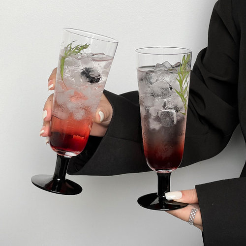 中古ins风黑色底果汁杯小众高级感香槟杯沙冰杯鸡尾酒杯玻璃杯子