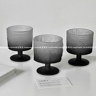 小众设计渐变黑中古杯ins树皮纹玻璃杯高脚酒杯高颜值饮品果汁杯