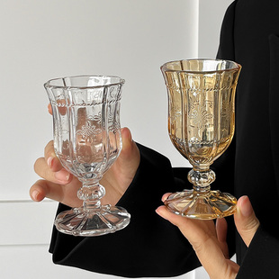 网红ins复古浮雕香槟高脚杯 巴洛克杯轻奢琥珀冷饮咖啡果汁杯 法式