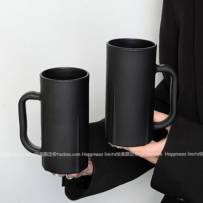 带把手磨砂曜黑茶杯子大容量杯