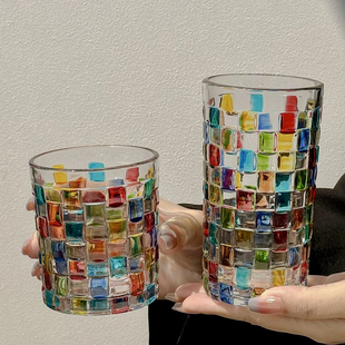 blingbling折射彩虹光中古杯ins手绘方块格子编织玻璃水杯果汁杯