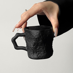 曜黑不规则岩枝栖杯带把冰川纹玻璃杯高颜值饮料水杯小众冷饮杯子
