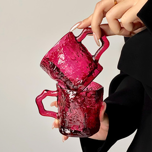 ins风带把手不规则玫红冰川玻璃杯复古树皮纹咖啡杯冷饮杯牛奶杯