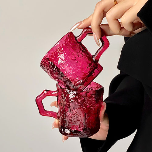 ins风玫红带把冰川玻璃杯高颜值