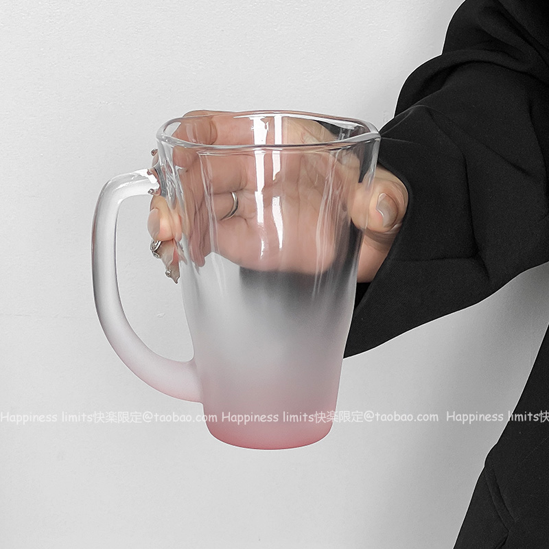 少女心渐变粉色玻璃杯 中古带把手水杯高颜值家用网红ins咖啡杯子