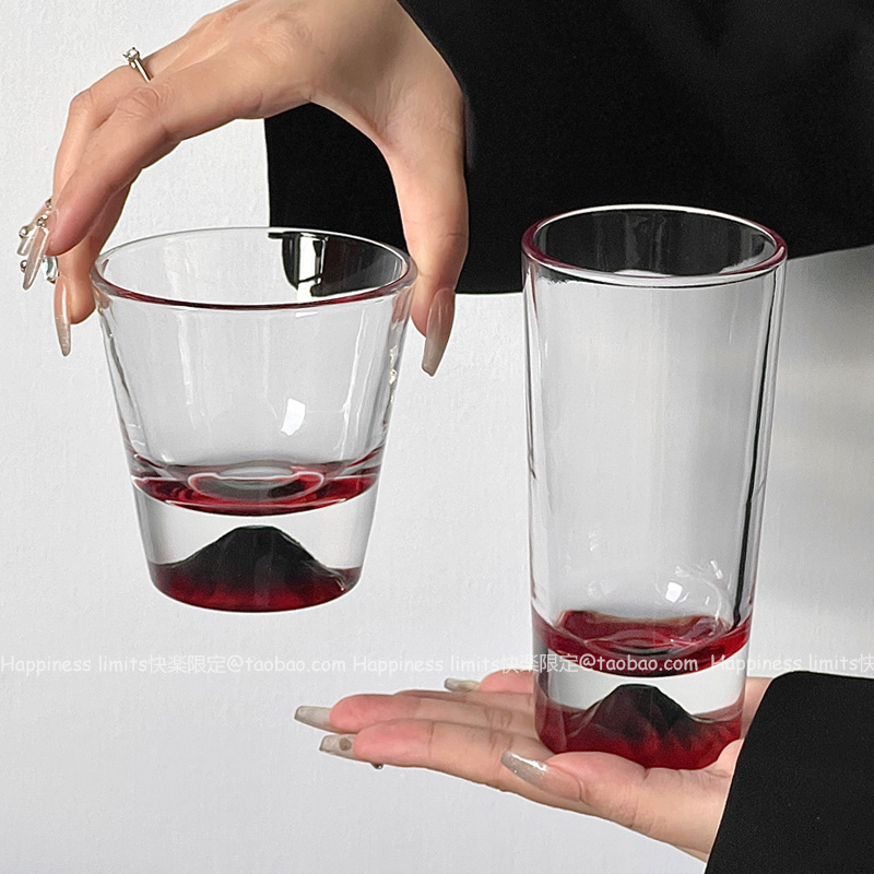 ins黑顶红底富士山玻璃杯观山杯