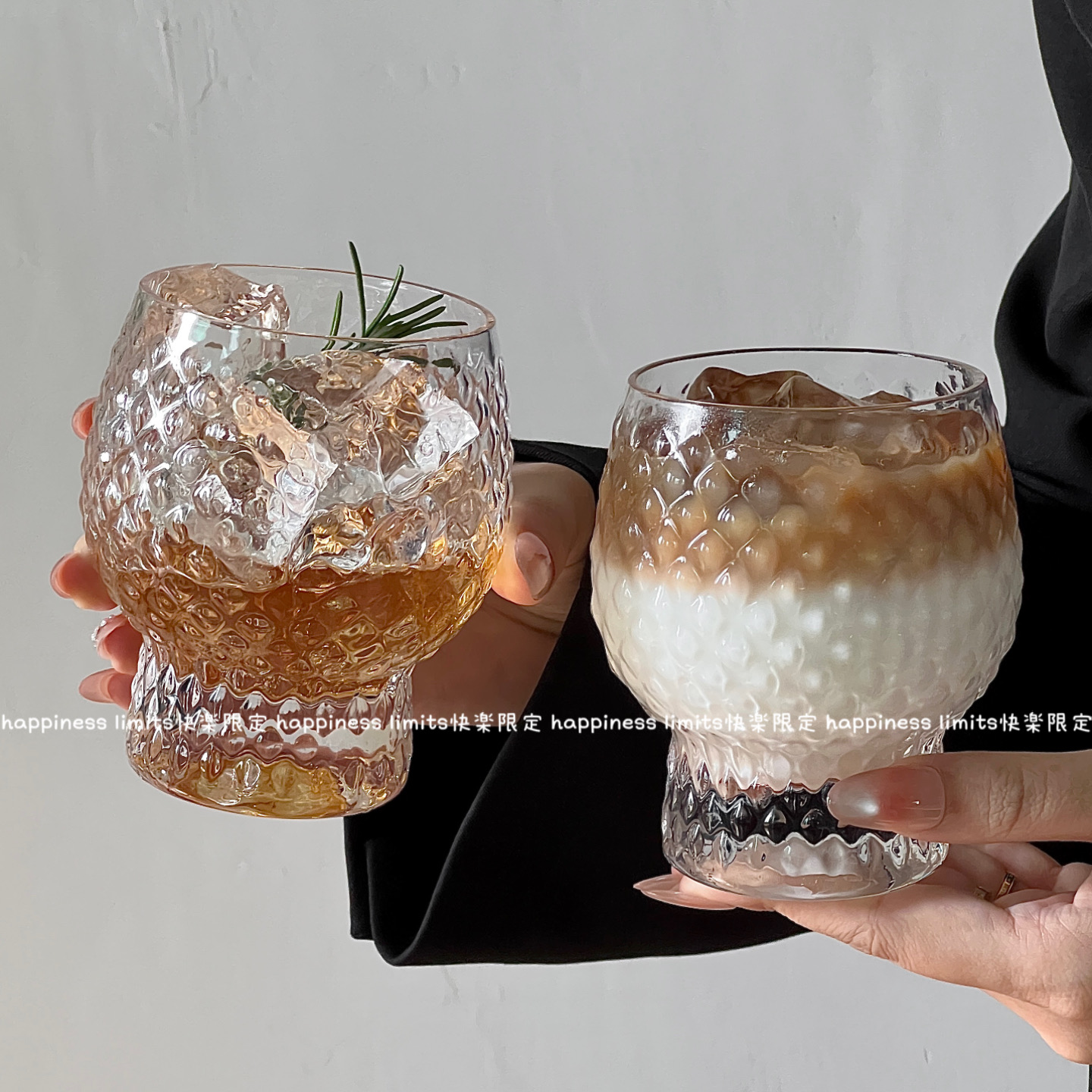 ins厚底玻璃杯子创意钻点设计感可爱鼓鼓大肚杯冷饮杯牛奶咖啡杯