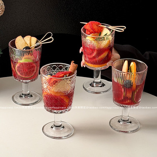 复古ins风浮雕树皮中古高脚玻璃杯洋酒杯红酒杯香槟杯果汁饮料杯