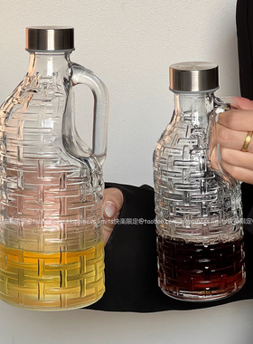 密封盖泡酒玻璃瓶玻璃酒壶便携式散酒壶带把手带不锈钢盖