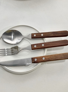 日韩实木柄不锈钢质刀叉勺餐具ins甜品叉西餐牛排刀三件套蛋糕