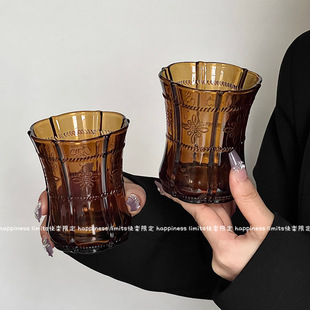 新中式 拿铁咖啡杯冷饮杯果汁杯牛奶杯 复古浮雕花瓣玻璃水杯冰美式