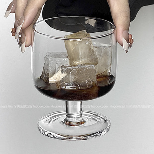 ins小众复古胖墩高脚玻璃杯冰美式 拿铁咖啡杯冷饮杯果汁杯雪糕杯