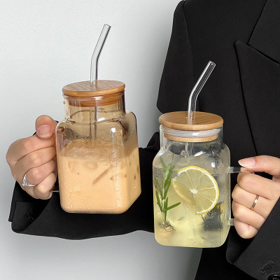 方形带盖吸管杯玻璃杯ins风带把