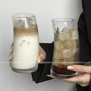 创意家用ins风水杯条纹风帆玻璃杯果汁咖啡杯子水果茶杯 博主同款