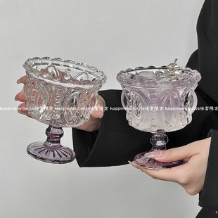 小众轻奢复古紫脚水晶香槟杯高脚杯高颜值浮雕甜品杯家用饮品杯子