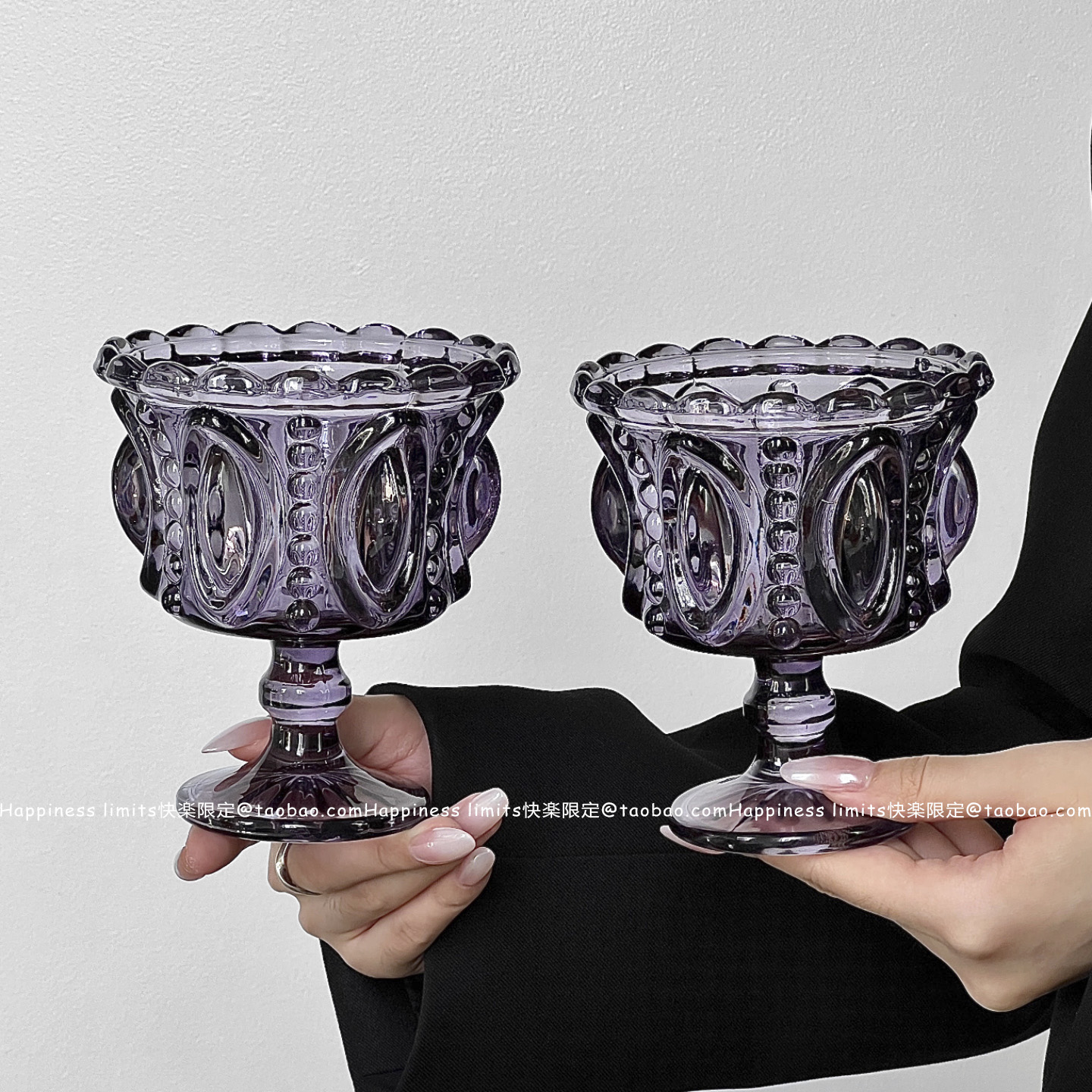 小众轻奢复古全紫水晶香槟杯高脚杯高颜值浮雕甜品杯家用饮品杯子