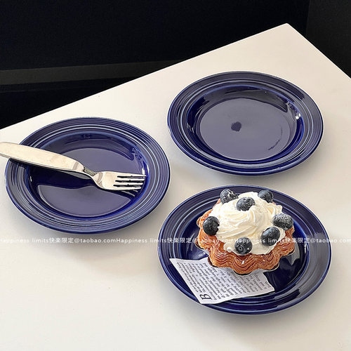 INS博主款韩式克莱因蓝色圆形甜品盘陶瓷小碟子拍照点心牛排盘子