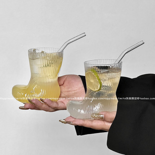 高级感ins风竖条纹靴子玻璃杯个性 果汁饮料啤酒杯咖啡杯冷饮杯子