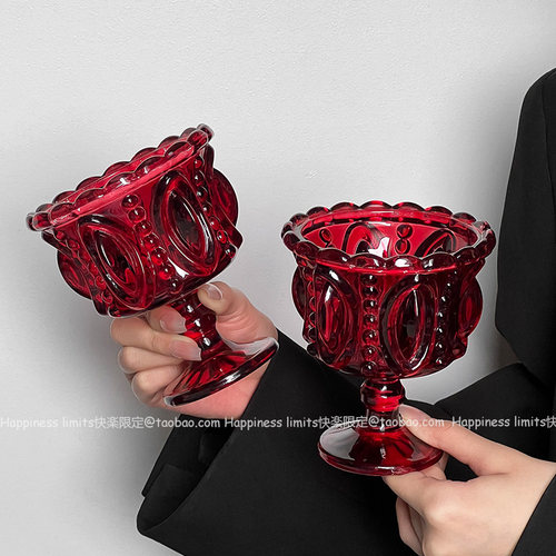 小众复古红高脚杯高颜值冰淇淋杯