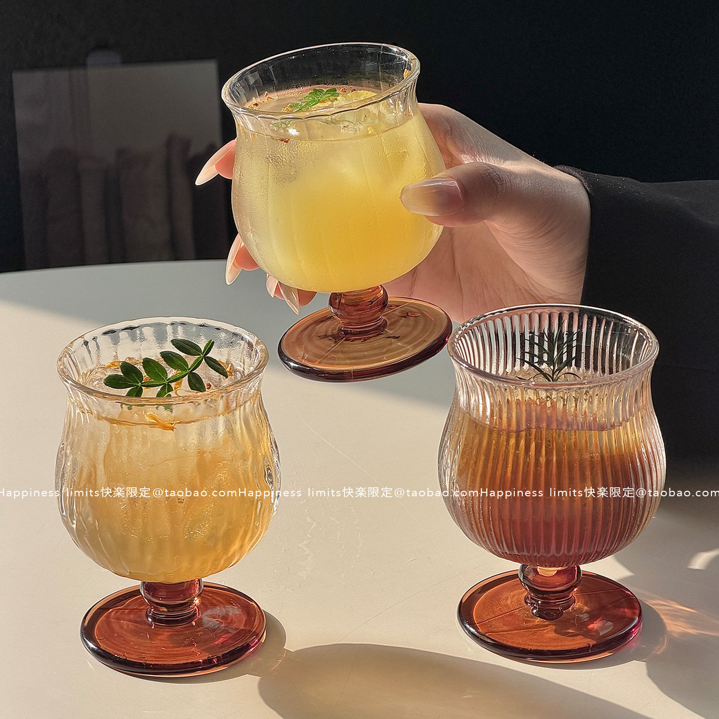 ins小众复古棕底收腰玻璃矮脚杯咖啡杯特调饮品杯冷饮果汁饮料杯
