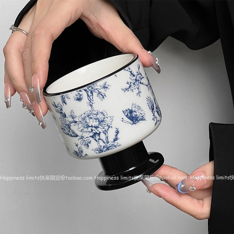 中式复古青花瓷陶瓷杯国风创意高脚咖啡杯高颜值拉花杯美式拿铁杯