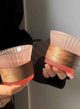 ins高级感磨砂渐变粉收腰竖条纹玻璃杯女高颜值咖啡杯子收藏