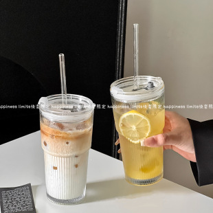 大容量玻璃吸管杯高颜值冰川带盖冰美式 拿铁咖啡杯家用水杯冷饮杯