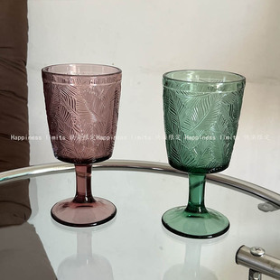 复古浮雕高脚杯高颜值玻璃杯ins风绿色红酒杯饮料杯葡萄酒香槟杯