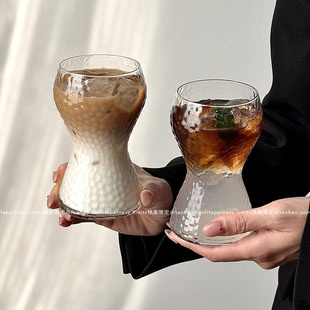 ins风创意收腰玻璃饮品杯拿铁咖啡杯冷饮料果汁杯苏打气泡水杯子