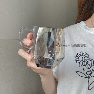新款 带把六菱角水杯冷饮杯果汁饮料杯韩风ins网红餐厅加厚玻璃杯