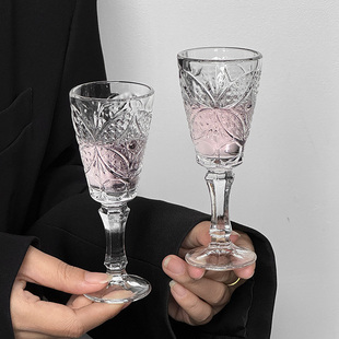 ins风刻花玻璃浮雕高脚白酒杯家用高颜值香槟红酒杯葡萄酒威士忌