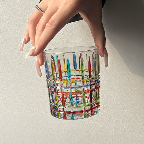 折射彩虹光中古杯手绘方块格子