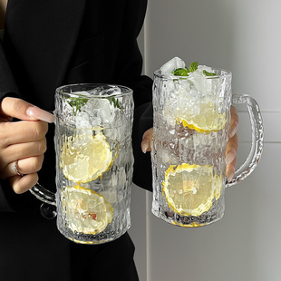 ins创意家用带把手玻璃杯简约清新树纹喝水杯啤酒杯果汁杯咖啡杯
