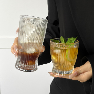玻璃水杯茶杯牛奶杯咖啡杯 ins韩国风小细腰条纹个性