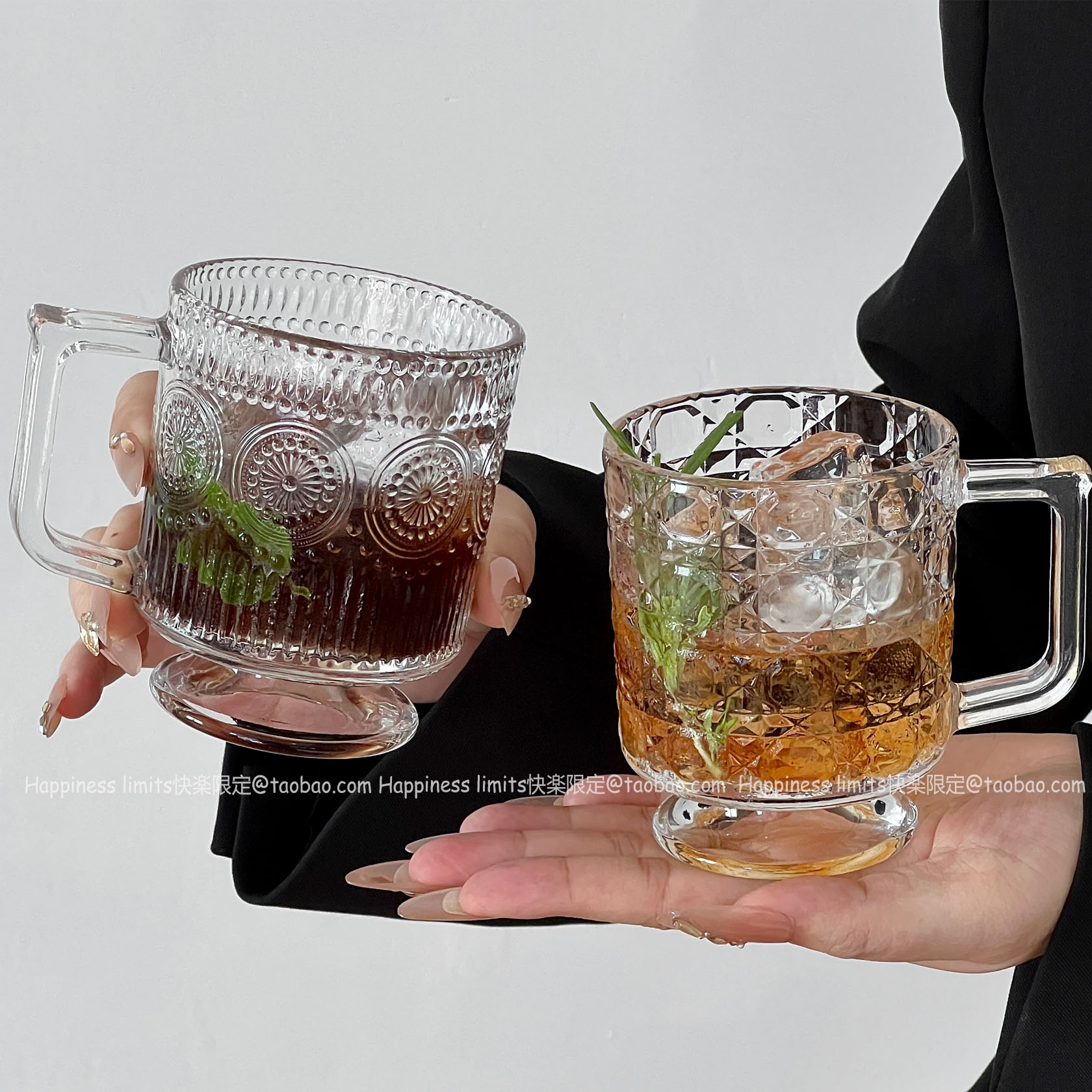 冰美式玻璃杯带把简约竖条纹杯