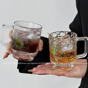 韩风ins冰美式 玻璃杯带把简约竖条纹冰拿铁咖啡杯冷饮马克杯水杯