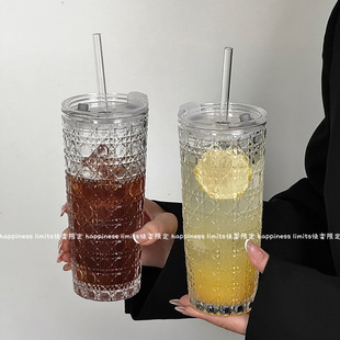 大容量带盖吸管杯子高颜值家用办公室水杯子咖啡冰美式 拿铁玻璃杯