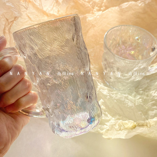 限定带把手冰川纹玻璃杯喝水