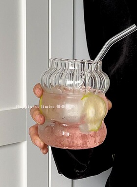 ins中古风胖嘟嘟玻璃杯水果茶杯带吸管大容量冷饮杯咖啡杯果汁杯