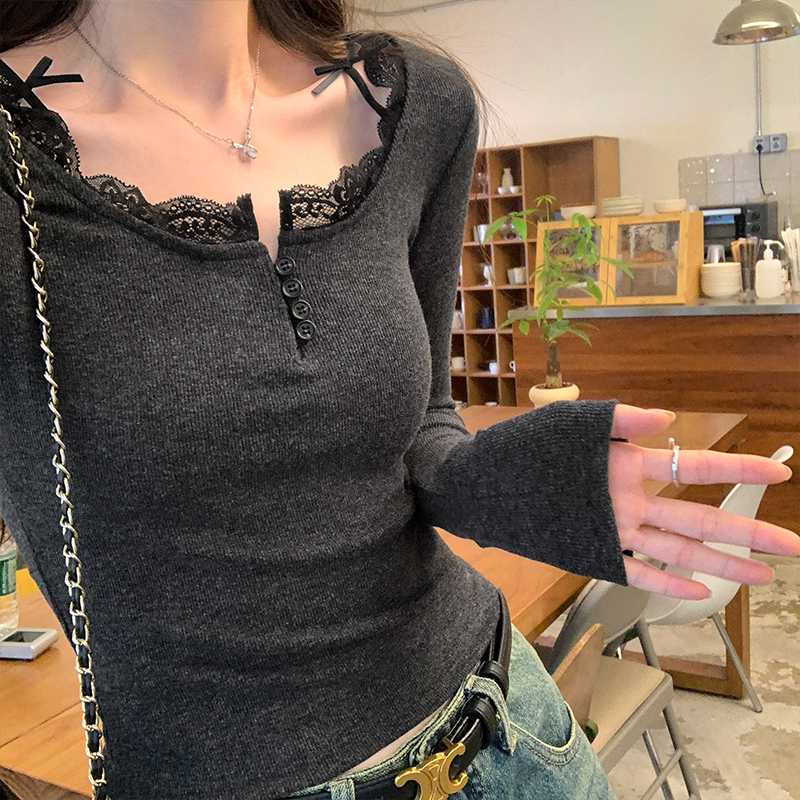 长袖u领修身辣妹T恤女