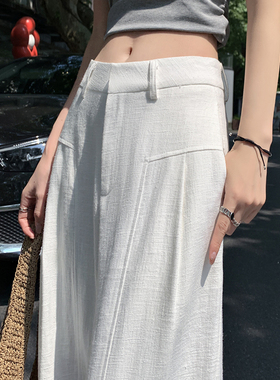 白色棉麻阔腿裤女夏薄款高腰垂感老钱风西装直筒棉麻休闲裤阔腿裤