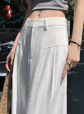 白色棉麻阔腿裤女夏薄款高腰垂感老钱风西装直筒棉麻休闲裤阔腿裤