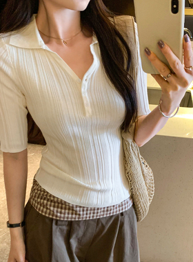老钱风穿搭坑条POLP领五分袖针织衫女夏季2026新款独特设计感上衣